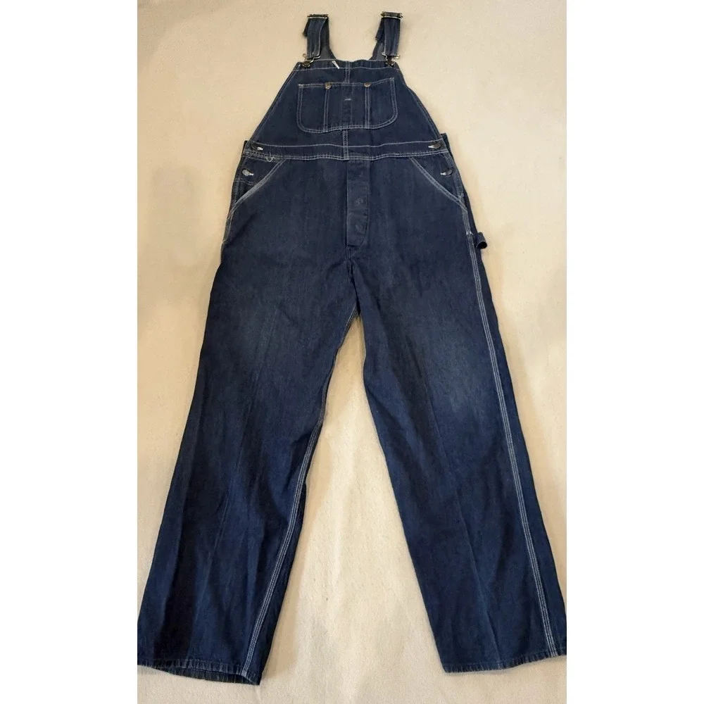 VTG Big Yank Denim Overalls 38x30 USA Made 70s Workwear Red Stitch Button fly - Picture 1 of 14